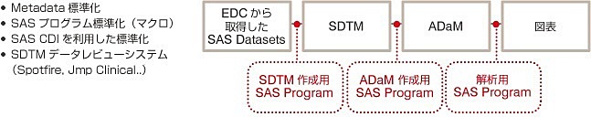 ●Metadata標準化 ●SASプログラム標準化（マクロ）●SAS CDIを利用した標準化 ●SDTMデータレビューシステム（Spotfire, Jump Clinical..）